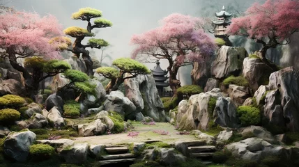 Badkamer foto achterwand A serene rock garden adorned with elegant bonsai trees and delicate blossoms. © AQ Arts