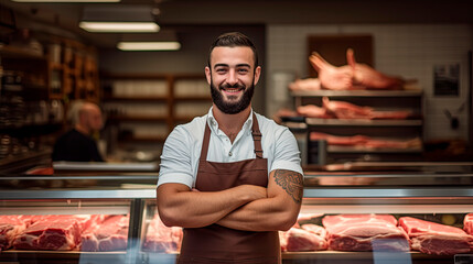 A happy young male butcher standing with arms crossed in modern meat shop - obrazy, fototapety, plakaty
