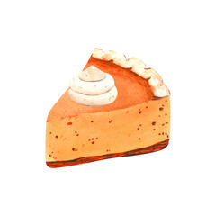 Watercolor realistic traditional dessert for Thanksgiving dinner, orange pumpkin slice pie. Hand-drawn illustration isolated on white background. Perfect for menu, cooking, packing, card thanksgiving