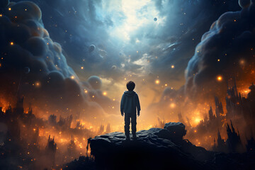 Little boy lives in fantasy dream world with magic, imagination sky