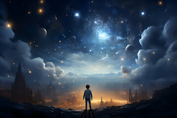 Fototapeta premium Little boy lives in fantasy dream world with magic, imagination sky