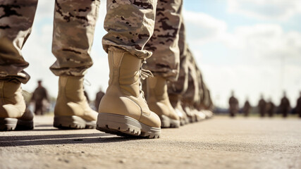 Close-up of men soldiers legs in uniform and boots on the sand ground. Marching at military camp. Army defense, mobilization and conscription. Banner. Copy space