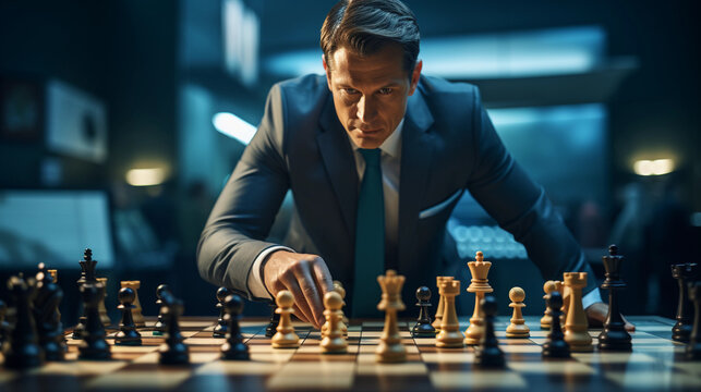A business politician in a suit plays chess