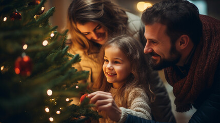 Obraz na płótnie Canvas The family decorates the Christmas tree