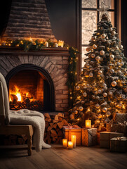 A cozy room with a fireplace and a Christmas tree and decorations