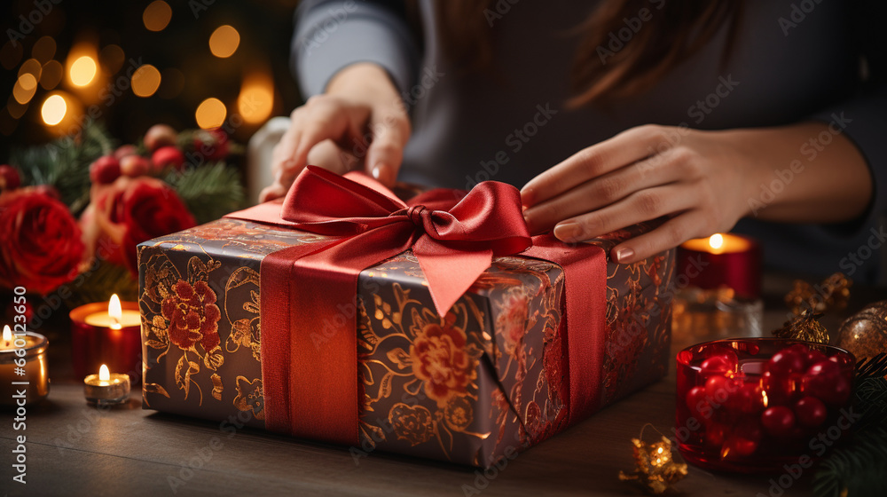 Poster a close-up of hands unwrapping a beautifully wrapped gift box with a red bow, representing the tradi