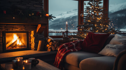 A cozy room with a fireplace and a Christmas tree and decorations. Outside the window are the mountains