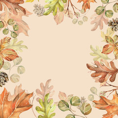 frame on the background of watercolor autumn bright leaves. for the design of postcards, products and cosmetics