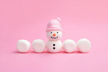 Snowman with pink Hat made of Marshmallow