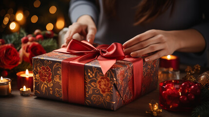 A close-up of hands unwrapping a beautifully wrapped gift box with a red bow, representing the tradition of gift-giving on Boxing Day - obrazy, fototapety, plakaty