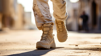 Close-up of men soldier leg in uniform and boots on the sand ground. Army defense, mobilization and conscription