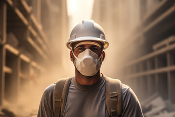 Construction worker confidently wears a safety face mask on a dusty construction site. - obrazy, fototapety, plakaty