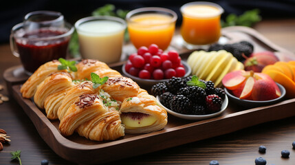 A collage of Boxing Day brunch delights, featuring freshly baked pastries, coffee, and colorful fruit platters