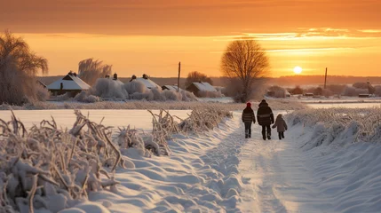 Gordijnen A picturesque countryside landscape covered in a blanket of snow, inviting families to go sledding and build snowmen on Boxing Day © Наталья Евтехова