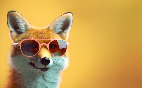 Creative animal concept. Fox in sunglass shade glasses isolated on solid pastel background, commercial, editorial advertisement, surreal surrealism.	

