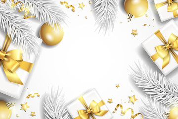 Realistic Christmas banner on a white background with fir white branches, Christmas decorations and gifts with golden bows. Vector illustration.