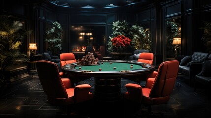 A dark modern secret poker game room, big round table in the room.