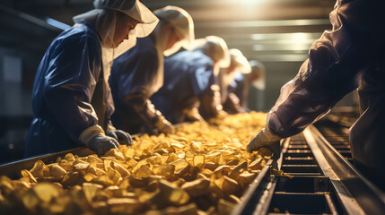 Conveyor line for the production of potato chips. The worker performs quality control to produce tasty chips.  - obrazy, fototapety, plakaty