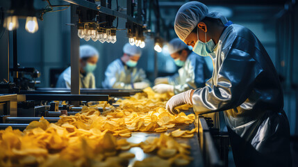 Conveyor line for the production of potato chips. The worker performs quality control to produce tasty chips.  - obrazy, fototapety, plakaty