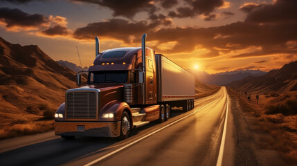 Hauling truck driving on highway at sunset.