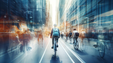 People cycling in City, Eco-friendly travel. Multiple exposure, motion blur image. Banner.