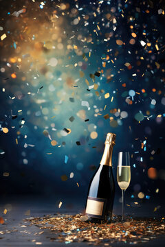 Celebration background with champagne bottle, confetti stars and party streamers