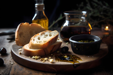 olive oil balsamic dipping sauce, with crusty bread served on the side  - obrazy, fototapety, plakaty