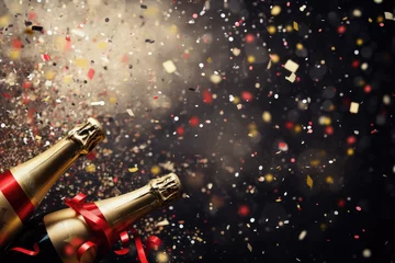 Foto auf Acrylglas Celebration background with champagne bottle, confetti stars and party streamers © thejokercze