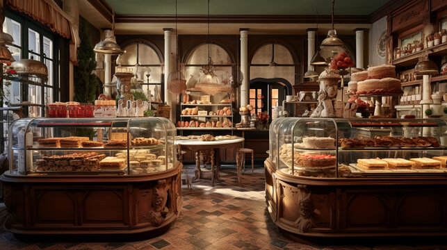 Historic Italian bakery with antique interiors, showcase is filled with various Maritozzo and other baked goods. Banner.