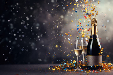 Celebration background with champagne bottle, confetti stars and party streamers - obrazy, fototapety, plakaty