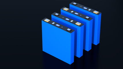blue Prismatic battery's for electric vehicles, LFP cell modules, mass production accumulators high power and energy, electric vehicles and energy storage, 3d render