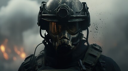 Portrait of an elite special forces soldier in a gas mask and military uniform. Face in gas mask - obrazy, fototapety, plakaty