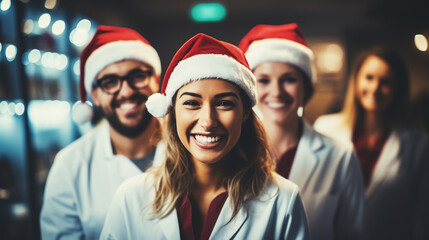 Young doctors in santa claus hats