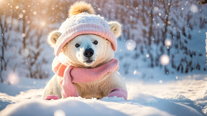 Cute cartoon santa bear on the snow