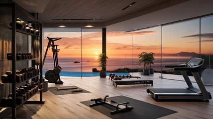 interior of modern living room with beautiful view of the sunset