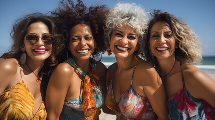 Grupo de mujeres latinas maduras de tamaño mediano en la playa junto al mar sin gafas con  trajes de baño brillantes - obrazy, fototapety, plakaty
