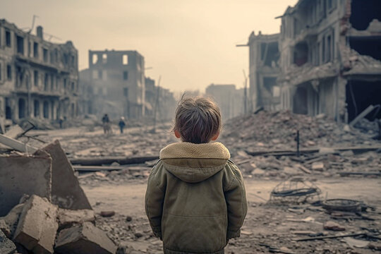 Concept of war, a toddler child from behind with destroyed city on background, dark smoke and burning buildings, nuclear accident or terrorism.