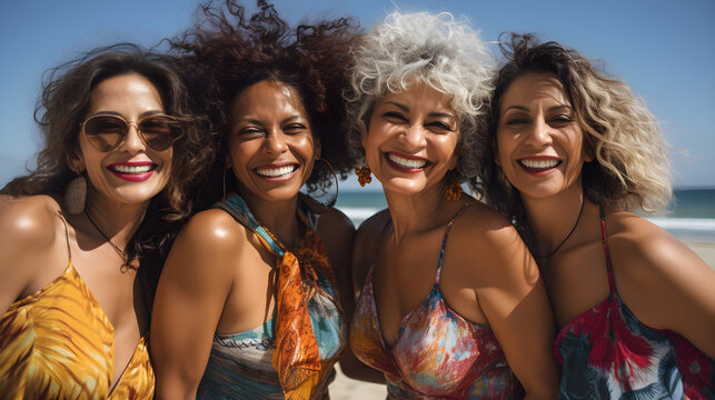 Grupo de mujeres latinas maduras de tama&ntilde;o mediano en la playa junto al mar sin gafas con  trajes de ba&ntilde;o brillantes