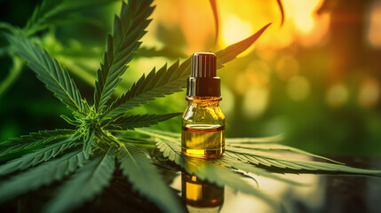 Fototapeta premium a dropper filled with golden cannabis on a glass container created with Generative Ai
