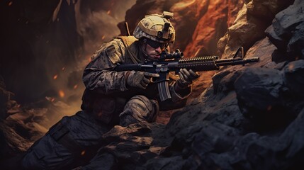 Sniper shooter in the desert. A military man aims at the enemy during an operation. - obrazy, fototapety, plakaty