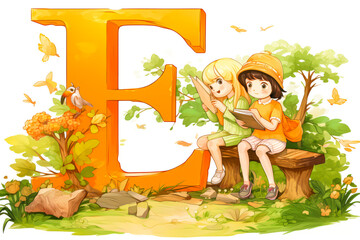 Letter E with characters for children