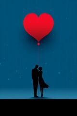 
Couple in love and red balloon heart. Blue background with copy space. Valentine's Day, anniversary.