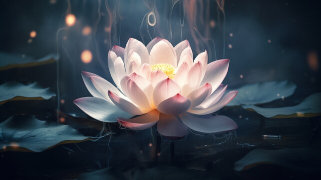 The delicate petals of a lotus flower emerging gracefully from murky pond waters.