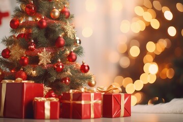 decorated Christmas tree with gifts around, Bokeh effect for a blurred background