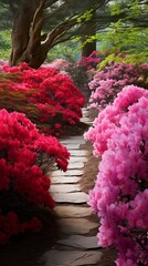 The radiant beauty of azaleas in various hues, clustered in a pristine garden.