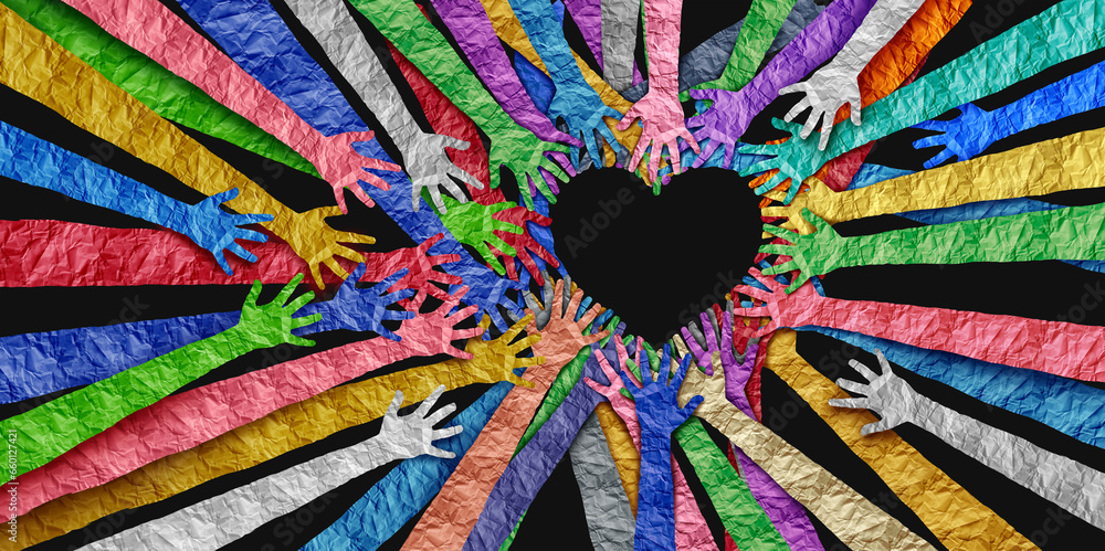 Poster diverse people united as social diversity and unity partnership as heart hands in a community group 