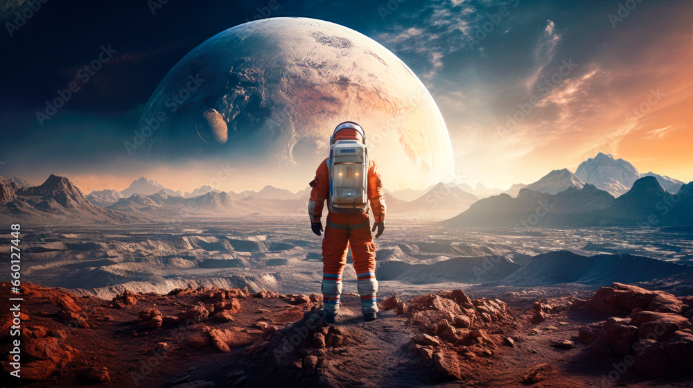 Wall mural silhouette of an astronaut on planet exploration walk with planet on the horizon
