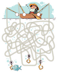 Elderly man fishing. Children logic game to pass the maze. Educational game for kids. Attention task. Choose right path. Funny cartoon character. Worksheet page. Vector illustration - obrazy, fototapety, plakaty