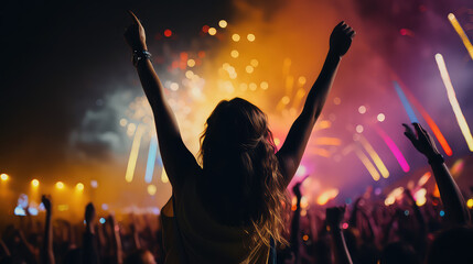 Girl at a night open air party festival with fireworks and dry holi colors. Creative banner for youth party concert.