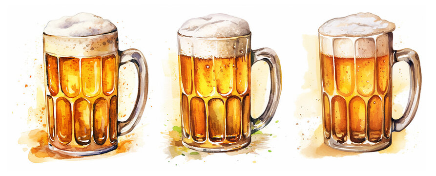Illustration of beer glass in style of watercolor on white background
